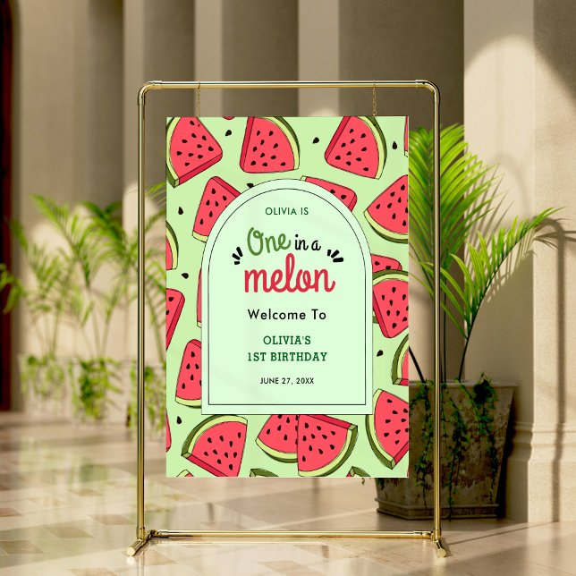 Poster Un à Melon Été 1er Anniversaire Bienvenue (One in a Melon Summer Watermelon 1st Birthday Welcome Sign   )