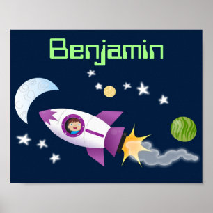 Poster Un adorable vaisseau-fusée dans l'espace dessin an