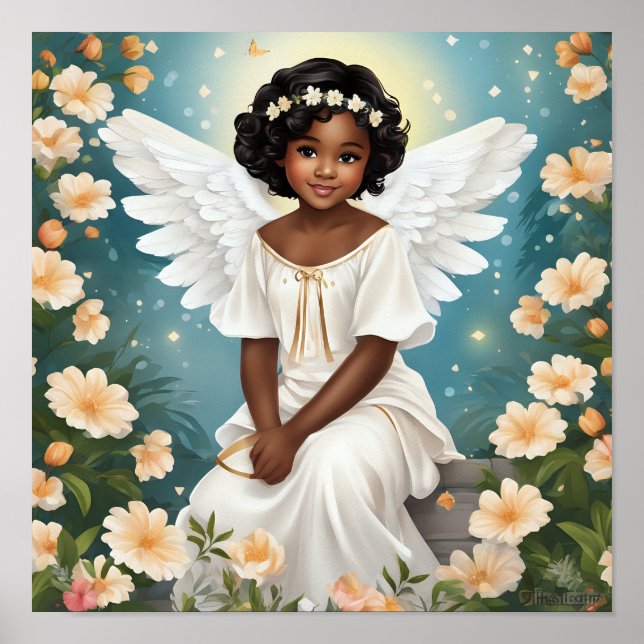 Poster Un ange noir entouré de fleurs (Devant)