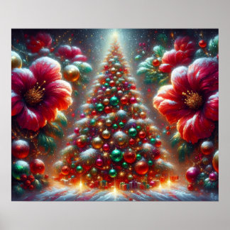 Poster Un arbre de Noël magnifiquement décoré et des fleu