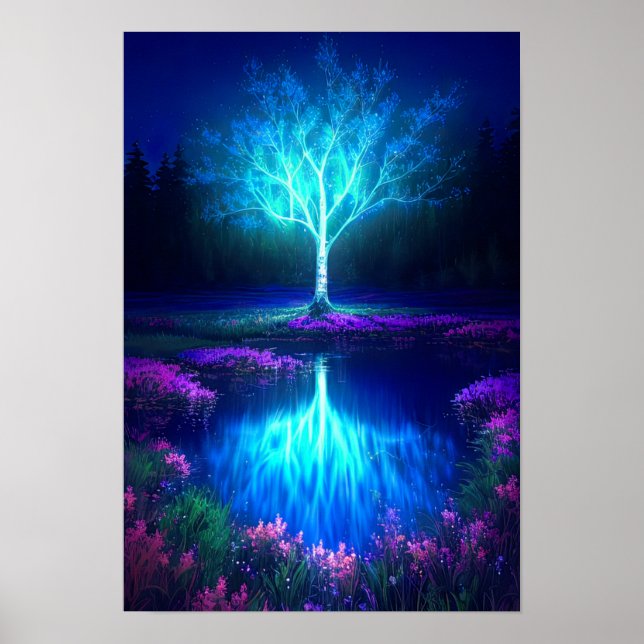 Poster Un arbre en bleu dans la nuit (Devant)