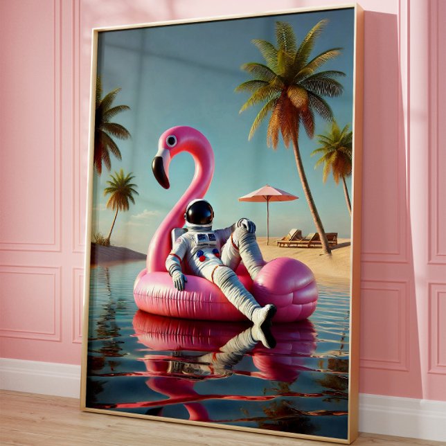 Poster Un astronaute amusant sur Pink Flamant rose Beach  (Créateur téléchargé)