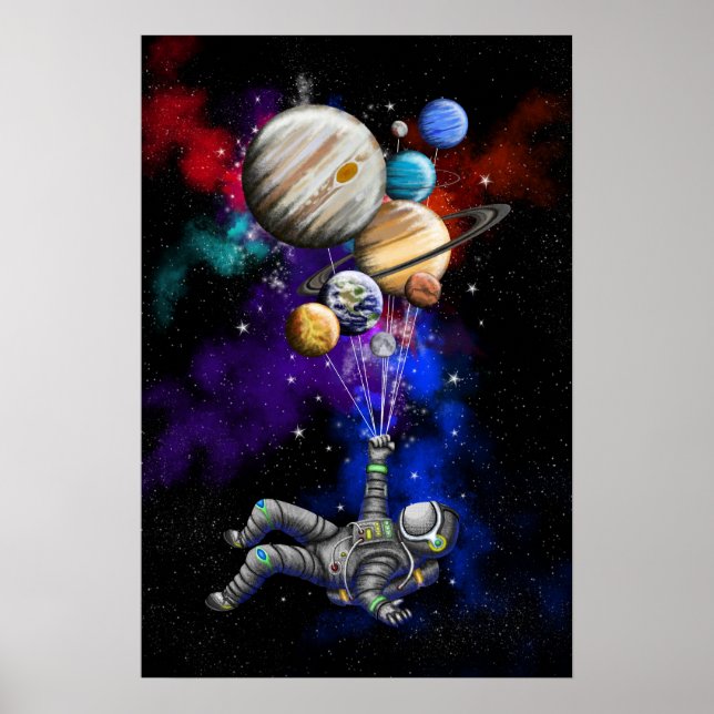 Poster Un astronaute flottant dans l'espace avec des ball (Devant)