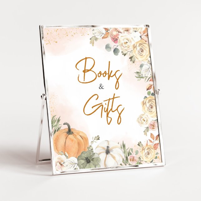 Poster Un Baby shower d'automne un peu Citrouille Livres  (Fall Floral Pumpkin Baby Shower Books and Gifts Sign)