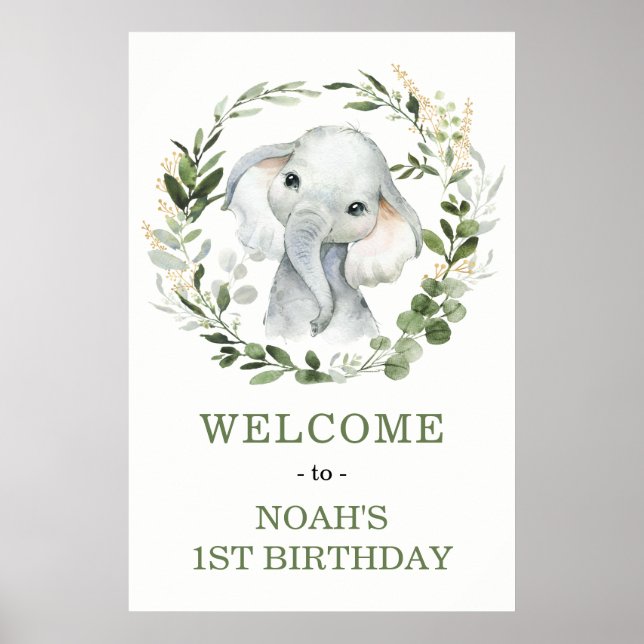 Poster Un Baby shower Eléphant à la verdure (Devant)