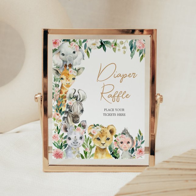 Poster Un Baby shower sauvage Safari Floral Déchets Raffl (Greenery Floral Wild One Baby Shower Diaper Raffle Sign)