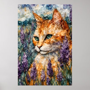 Poster Un beau chat gingembre dans un champ de lavande