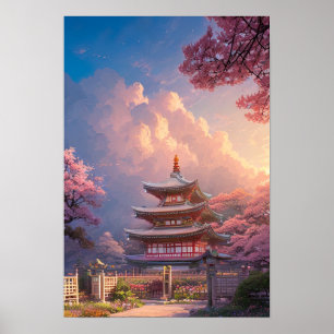 Poster Un beau temple et des cerisiers en fleurs