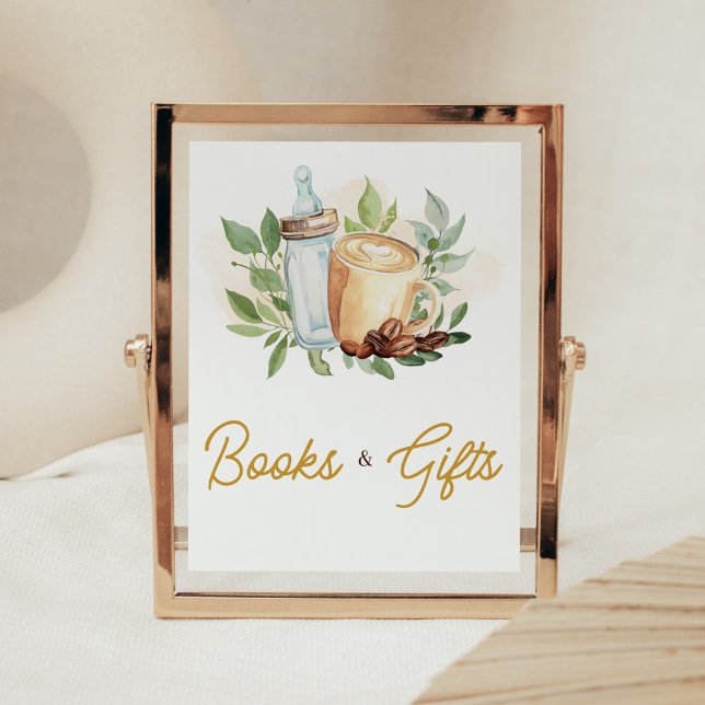Poster Un bébé brasse des livres et des cadeaux de café (Bottle and Coffee Baby Shower Books and Gifts Sign)