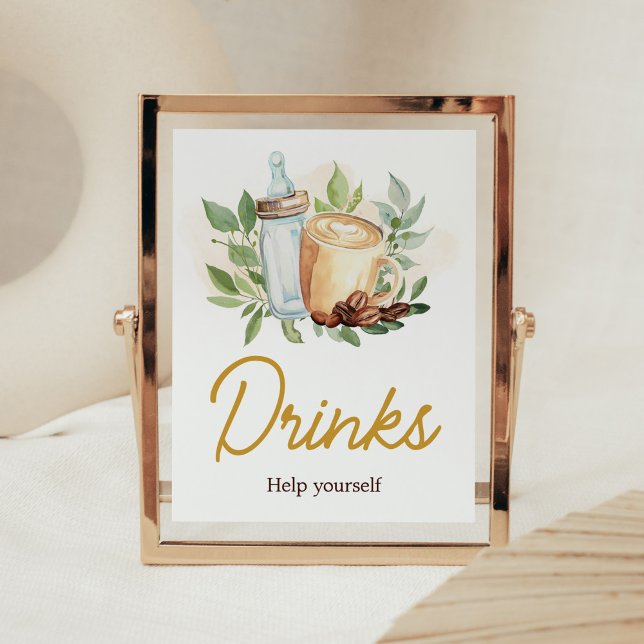 Poster Un bébé brasse du café Baby shower Boissons (Bottle and Coffee Baby Shower Drinks Sign)