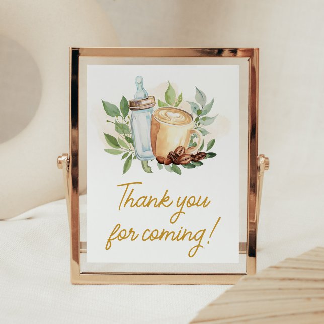 Poster Un bébé brasse du café Merci d'être venu (Bottle and Coffee Baby Shower Thank you for Coming Sign)