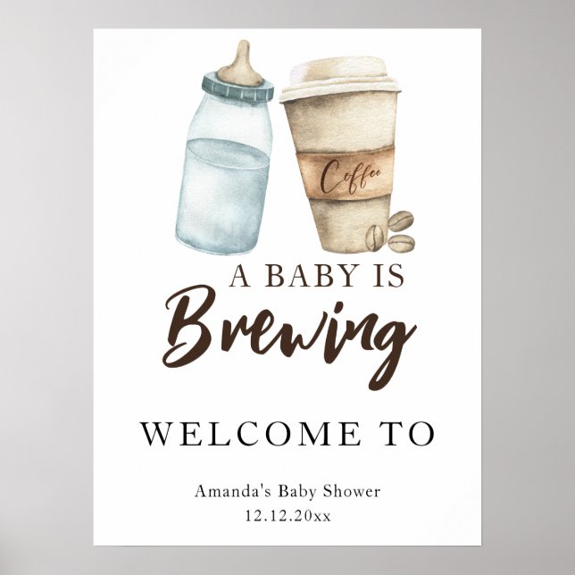Poster Un bébé brasse un baby shower de bouteille de café (Devant)