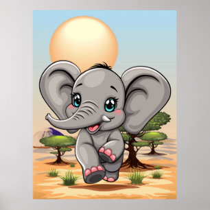 Poster Un bébé éléphant qui sonne heureux dans la savane 