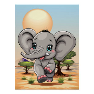 Poster Un bébé éléphant qui sonne heureux dans la savane