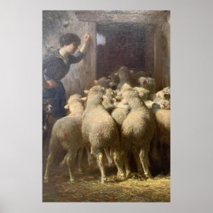 Poster Un berger, son chien et son mouton dans une grange