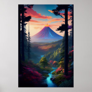Poster Un bord de forêt face au puissant volcan