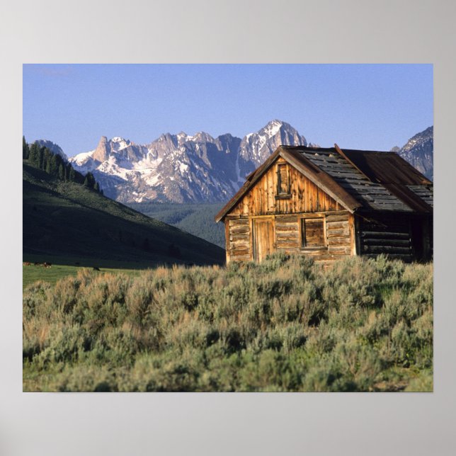 Poster Un cabine en bois et les monts Sawtooth dans (Devant)