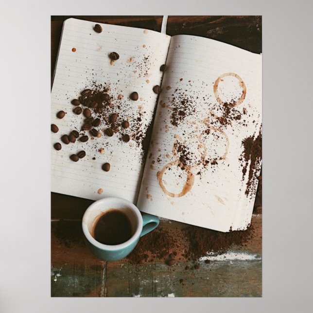 Poster Un café chaud avec du livre et des haricots (Devant)