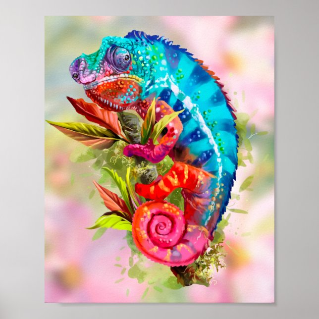 Poster Un caméléon est assis sur une branche (Devant)