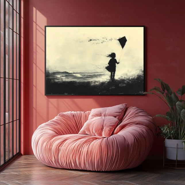 Poster Un cerf-volant de fille sur la rive à Dusk - Charb (Créateur téléchargé)