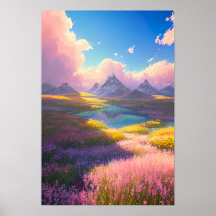 Poster Un champ de fleurs, un lac et des montagnes majest