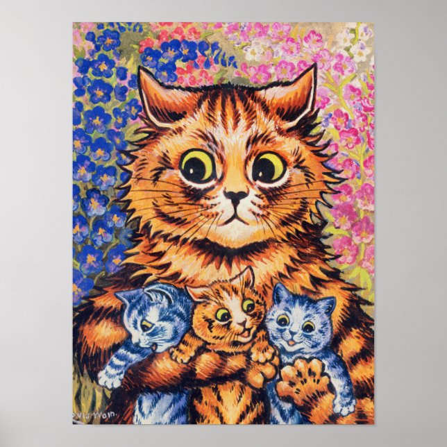 Poster Un chat avec ses chatons par Louis Wain (Devant)