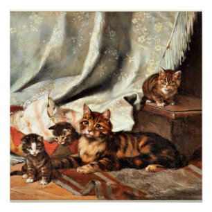 Poster Un chat avec trois chatons, peinture d'art