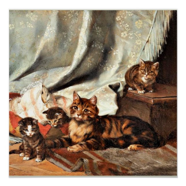 Poster Un chat avec trois chatons, peinture d'art (Devant)