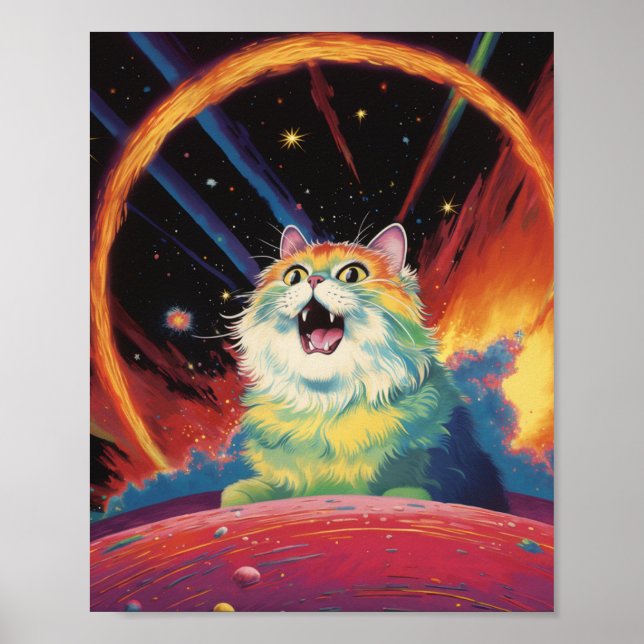Poster Un Chat Blanc Fluffé dans l'espace (Devant)