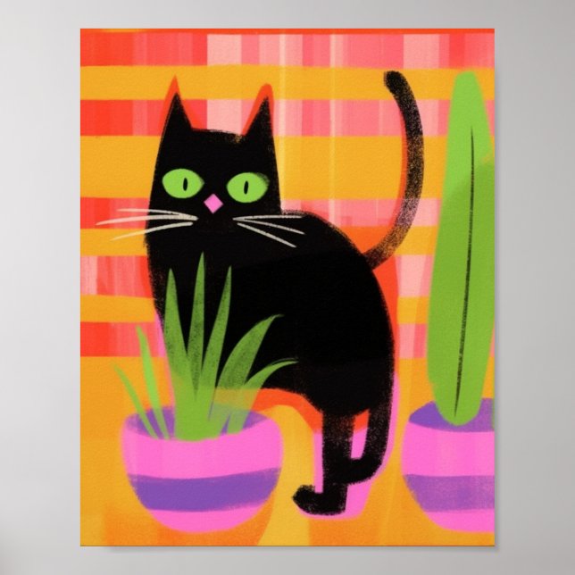 Poster Un Chat Noir Avec Des Usines (Devant)