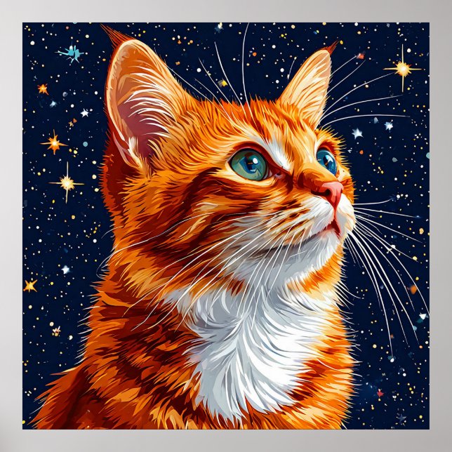 Poster Un chat regarde dans un ciel étoilé cosmique (Devant)