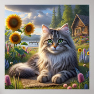 Poster Un chat Tabby posé dans une campagne paisible