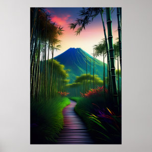 Poster Un chemin en bois vers le volcan endormi