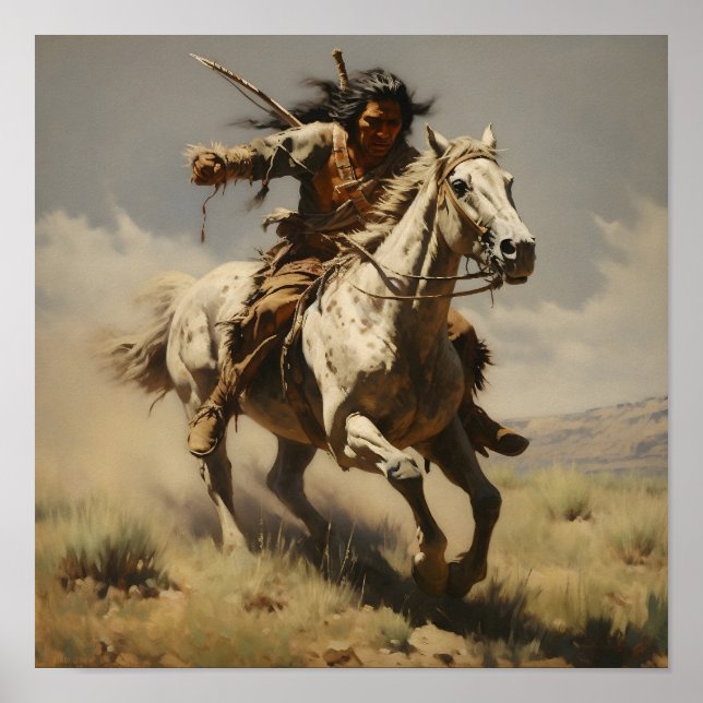 Poster Un cheval amérindien courageux à cheval (Devant)