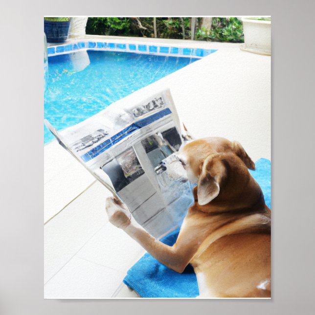 Poster Un chien lit un journal au bord de la piscine (Devant)