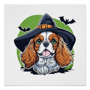 Poster Un chien portant un chapeau de sorcière avec des c