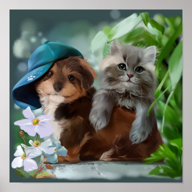 Poster Un chiot et un chaton gris (Devant)