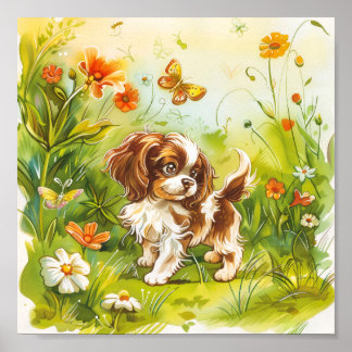 Poster Un chiot sous les papillons