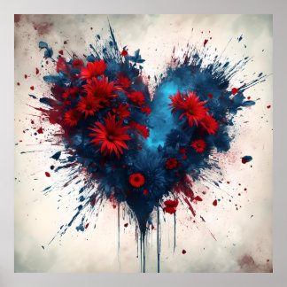 Poster Un coeur bleu éclatant avec des fleurs rouges