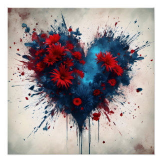 Poster Un coeur bleu éclatant avec des fleurs rouges