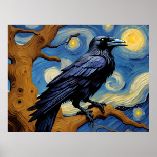 Poster Un Corbeau dans un vieux chêne La nuit étoilée