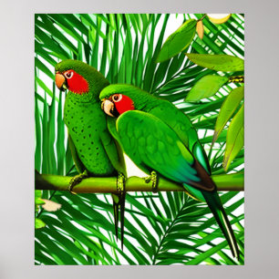 Poster Un couple de perroquets verts dans un cadre de jun
