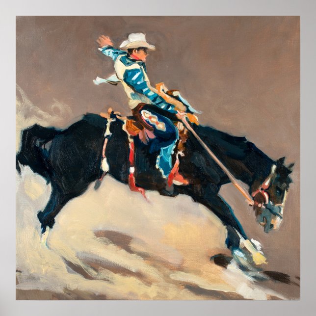 Poster Un cowboy sur un bouclier bronco au Rodeo (Devant)