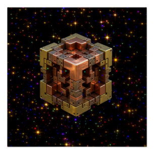 Poster Un cube fractal métallique avec des explosions d'é