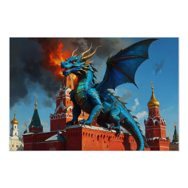 Poster Un dragon bleu et or visite Moscou (Devant)