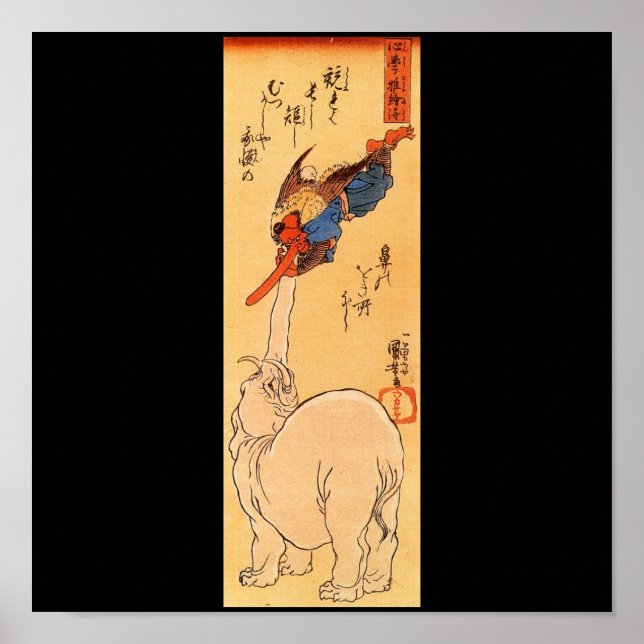 Poster Un éléphant attrape un Tengu volant. Vers 1800 (Devant)