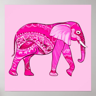 Poster Un éléphant indien dans un style arabesque rose Fu