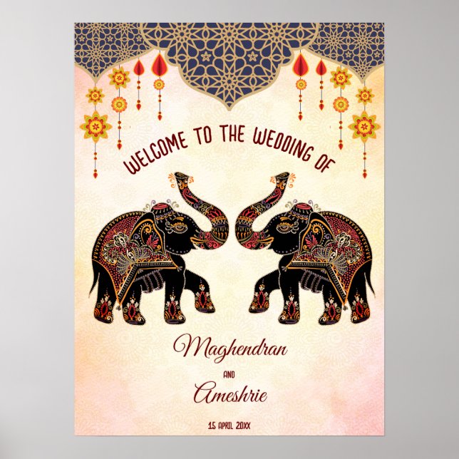 Poster Un éléphant indien orné signe de bienvenue mariage (Devant)