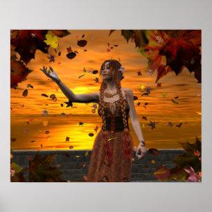 Poster Un elfe en chute de Feuilles contre le coucher de 