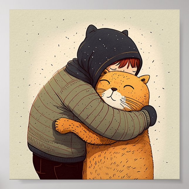 Poster Un enfant embrasse le mignon chat au gingembre. En (Devant)
